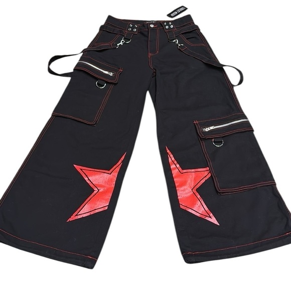 90s Rave Style Current Mood Black Red Baggy Wide leg cargo pants New punk sz S - Picture 15 of 15